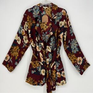 Kori  Womens Top Sheer Belted Blazer Style Floral Burgundy Long Sleeve Pockets
